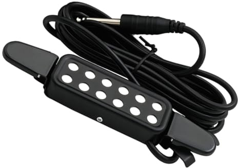 Piezoelektrischer Tonabnehmer für Folk Gitarren ohne Bohren mit Kabel | Kompakt, Einfach zu Verstauen und Mitzunehmen, Schwarzes Abs und Metall, für Gitarre und Ukulele