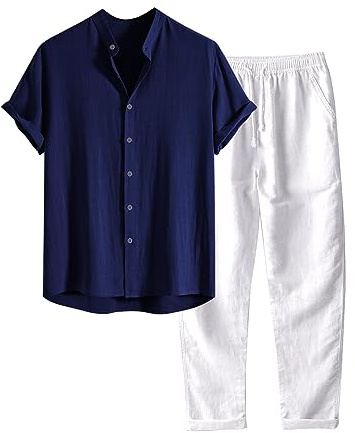 Survêtement Été 2 Pièces pour Homme Col en V Shirt et Pantalon Ensemble Décontracté Manches Courtes Léger en Coton Lin pour Plage Costume Jogging