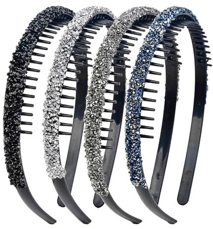FloralGrace 4 Stück Schwarz Silber Grau Dunkelblau Strass Stirnband für Damen,mit Zähnen,rutschfest Haarreifen,Kamm Haarbänder aus Kristall,glitzernde Haarbänder für Damen