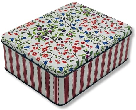 MediMuc Presentburk design Sanderson – kärleksfullt utformad rektangulär förvaringsburk – motiv sommarblomma – plåtburk, kakburk, burk – (L x B x H): 19,5 x 15,4 x 7,5 cm – volym ca 2,25 l