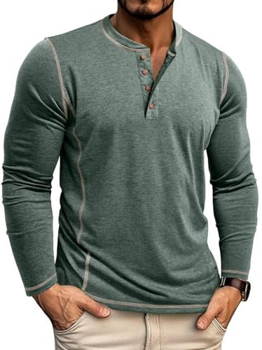 LAOARA T Shirt Uomo Maglietta Manica Lunga Cotone Slim Fit Henley Tshirt Maglia Bottone Magliette Verde XL