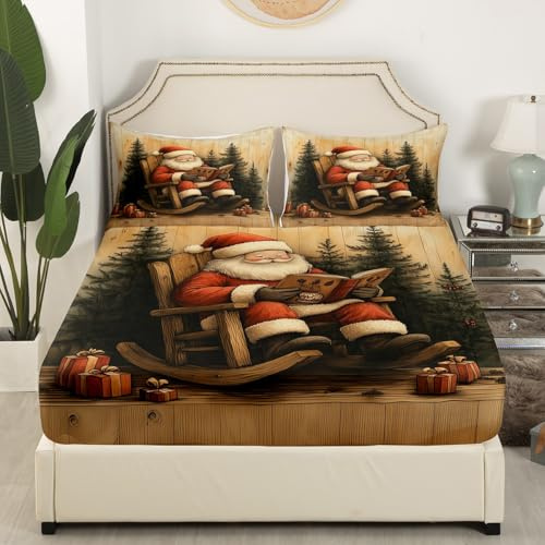 Loussiesd Vintage Weihnachtsmann Spannbettlaken 90x200cm Weihnachten Spannbetttuch für Jungen Mädchen Weihnachten Schlafzimmer Weihnachtsbaum Bettlaken Set Weihnachten Atmungsaktiv Spannbettlaken