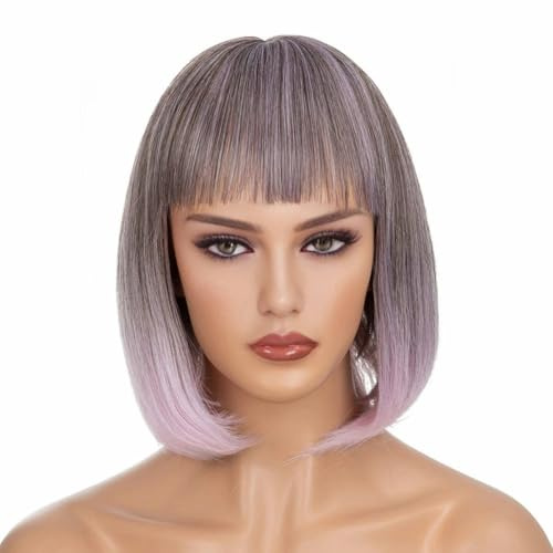 Pelucas sintéticas de color rosa corto con flequillo, pelucas rectas de color gris de 10 pulgadas, pelucas de cabello para mujeres negras y marrones naturales, pelucas afro, color lila ahumado, 10 pul