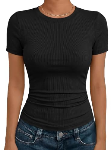 Imily Bela Damen T-Shirt Rundhals Kurzarm Sexy Slim Fit,Schwarz,L