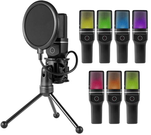 Yunir Gaming Microphone, USB Desktop Mic for Podcasts Videos, Streaming, Condenser Mic with Pop Filter, RGB Indicator, Tripod, Receiver, Noise Reduction Gaming Microphone