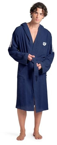 ARENA Team Stripe Unisex Bathrobe with Tie Belt and Pockets Soft Warm Robe for Pool Sauna Spa or Post Workout Comfort, Navy/White, Size Medium