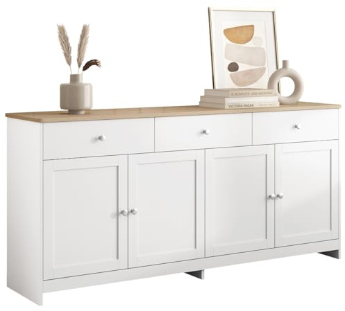 YGHQAP Aparadores para Salon, Aparador Blanco, Aparador Madera, Aparador Comedor, Alacena De Cocina, Armario Buffet con 3 Cajones Y 4 Puertas, Aparadores para Salón Entrada Comedor, 160 x 37 x 75 cm