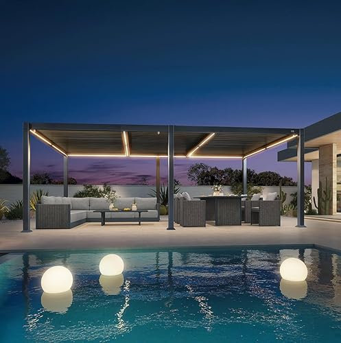 Pergola impermeabile in alluminio 3x3,65 m con doghe regolabili LED grigio gazebo da giardino esterno per terrazza e posto auto coperto