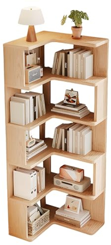 JFOZDM 5 Etagen Eckregal Stehend, Bücherregal Holz, Eckschrank Wohnzimmer, Bücherregal Ecke, Platz Sparen/Präsentation, für Arbeitszimmer, Schlafzimmer, Büro, Holzfarbe