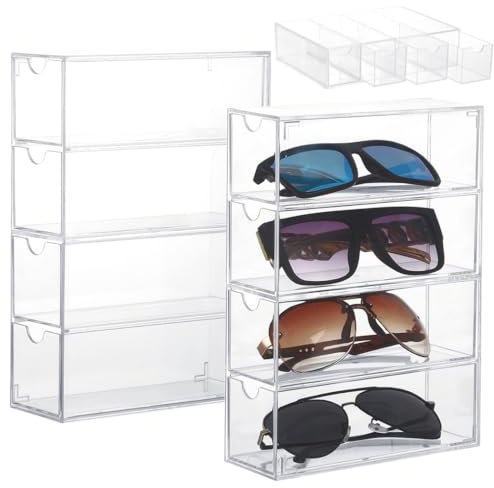 Brillen-Aufbewahrungsboxen mit 4 Schubladen, transparente Acryl-Brillen-Vitrinen für Schmuck, Kosmetik und mehr, 2 Stück