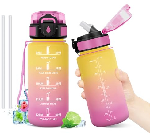 Gourde Sport 500ml, Gourde avec Paille sans BPA, Bouteille d'eau de Motivation avec Marqueur de Temps, Étanche et Réutilisable, Bouteille Réutilisable pour l'école, Sport, Bureau, Yoga, Camping