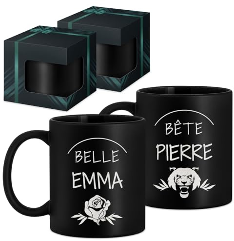 Maverton 2x Tasse Personnalisable - Ensemble de Mugs Café pour Monsieur Madame - Personnalisé - Cadeau Mariage - Cadeau Couple - Tasse à Café 33cl avec coffret cadeau - noir mat - belle et bête