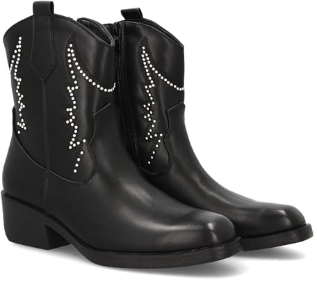 shoes&blues.es 95269 Botin Cowboy para Mujer con Cana Media Adornada con Tachuelas Decorativas y Costuras en Relieve. Tacon Ancho Comodo. Cierre de Cremallera Negro Talla 36