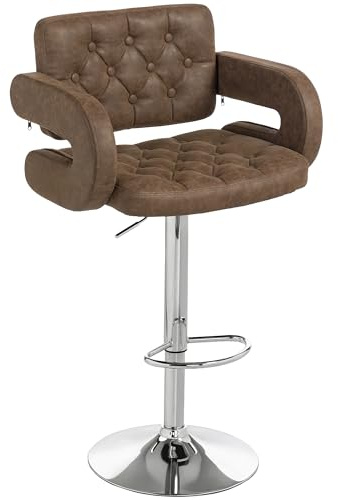 HOMCOM Drehbarer Barhocker mit extra großem Sitz, PU-Leder gepolsterter verstellbarer Barhocker mit Rückenlehne, Arm und Fußstütze, Frühstücks-Barstuhl für Bistro, Küche, Kaffee