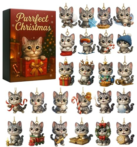 Calendario de Navidad, Adviento de gato acrílico 2D – 24 piezas de adorno plano de gato Navidad 2025 – para el coche, para el aula, relleno de calcetines, fiesta, árbol de jardín