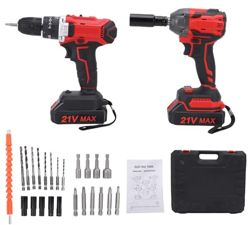 Oreilet Taladro Inalámbrico Destornillador Impacto 2 en 1, Combinado de Herramientas Eléctricas con Perforación 10Mm, Torque 35N.m, 2 Modos de Velocidad, Luz de Trabajo LED, Llave (Enchufe de la UE)