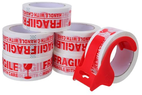 WOONEKY Dispenser per Nastro Adesivo Rosso Fragile con 6 Pezzi di Nastro da Imballaggio Fragile per Spedizioni e Traslochi, Set da 7 Pezzi con Etichette di Avviso per Protezione