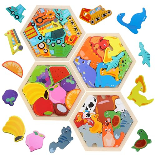 FIIOEOY 4 Stück Holzpuzzle Holzspielzeug für Kinder, Montessori Steckpuzzle | Kleinkind Puzzle, Lernspielzeug, Pädagogisches Spielzeug, Geschenk