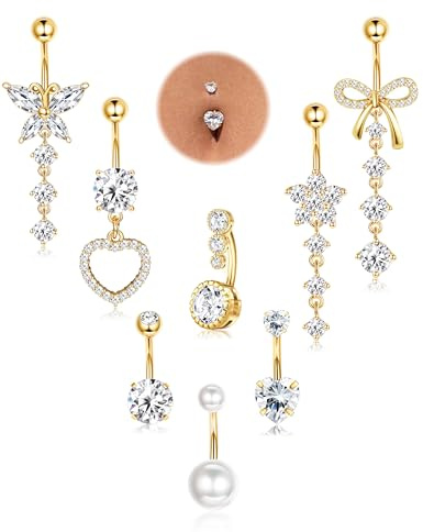 JeryWe 8Pcs Piercing Nombril Acier Inoxydable Pour Femmes Lot Anneaux Nombril Hypoallergéniques 14G Zircone Cubique Kit Piercing Anneau Bijoux Femme Pendants Or