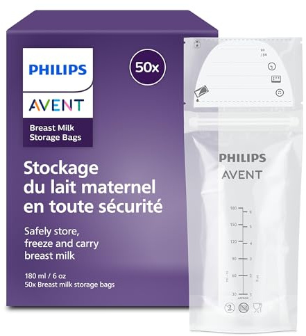 Philips Avent Sacchetti per latte materno - Presterilizzati, per conservare e congelare il latte materno, senza BPA, ermetici, facili da usare, 180 ml, confezione da 50 pezzi, SCF603/50