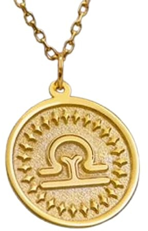 Collar con colgante del signo zodiacal Libra en relieve, hecho en plata de ley 925 con baño de oro, cadena de cable de 45 cm (18), dije redondo para joyería unisex hecha a mano | LK_EMBO_00555