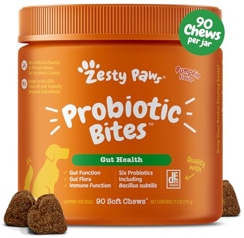 Zesty Paws Probiotics for Dogs - Digestive Enzymes for Gut Flora, Digestive Health, Diarrhea & Bowel Support - Clinically Studied DE111 - Dog Supplement Soft Chew for Pet Immune System - Pumpkin, 90ct