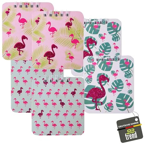TE-Trend 6 Stück Flamingo Motiv Spiralblock Kinder Mädchen Notizblock Mitgebsel 40 Blatt 80x90mm Blanko 3-fach sortiert mehrfarbig