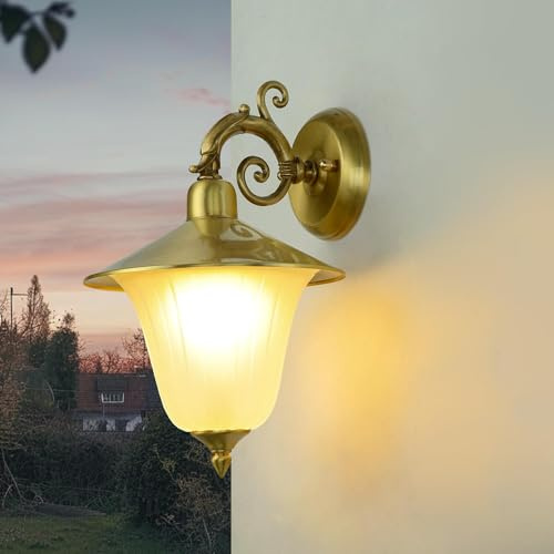 Licht-Erlebnisse Aussen Wandleuchte echtes Messing Glas weiß maritim klassisch antik H:30cm E14 für Garten Terrasse Haus Eingang Außenleuchte Wandlampe Außenlampe Hof