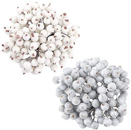 Paquet de 240 Pièces de Baies de Houx Artificielles Givrées, Blanc et Argent Mini paillettes de Noël givré de fruits baies décoration pour festival de mariage bricolage fleur de baies artificielle