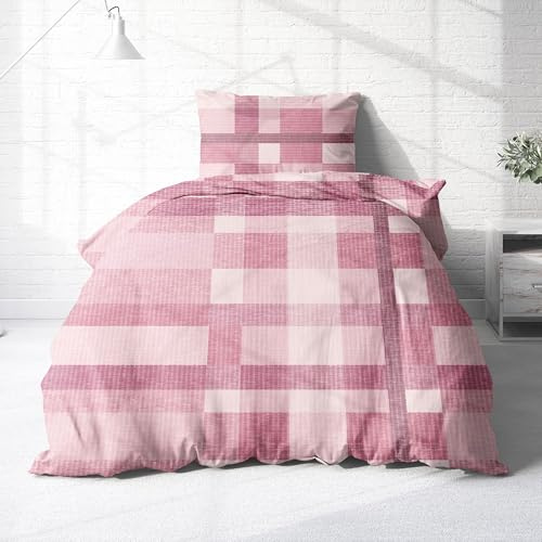 Träumschön Bettwäsche aus 100% Baumwolle 2tlg. 135x200 + 80x80 cm Karo rosa | Renforcé Bettwäsche mit Reißverschluss, leicht, atmungsaktiv, bügelfrei, ideal für Frühling, Sommer, Made in EU, OEKO-Tex