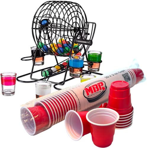 MYBEERPONG 100 x 2 oz Schnapsbecher + Bingo Lostrommel mit 6 Shot Gläsern & 36 Farbige Kugeln + Gläser | Original US Shot größe | Partyspass für Weihnachtsfeiern | Kurze Becher Rot | Shots