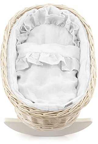 e-wicker24 DESAYER SCHAUKELBETT MIT Leine BETTWÄSCHE, EINE SHAUKELWEIGE AUS WEIDE, SCHAUKELBETT MIT LEINEN Kissen UND Decke, NATÜRLICHE KINDERSPIELZEUG, EIN Geschenk FUR EIN Kind (Weiß)