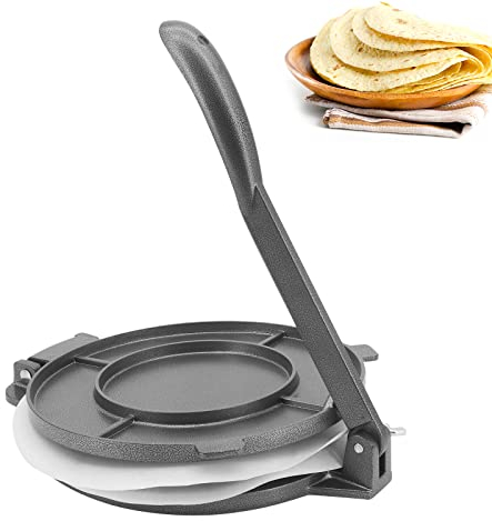 Beowanzk tortilla presse,8 Zoll Gusseisen Tortillapresse,Vorgewürzter Tortilla Maker mit 100 Stück Antihaft-fettdichtem Backpapier,Werkzeug zum Herstellen von Tortillas,Chapati,Roti (Schwarz)