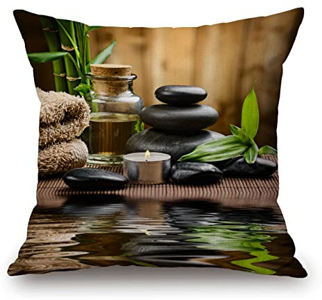 Spa Throw Pillow Cover, Massage Stone Triplets Herbal Oil and Scent Candles Print Home Courtyard Outdoor Decoration Pillow Cover, Square Sofa Cushion Cover, 18in x 18in