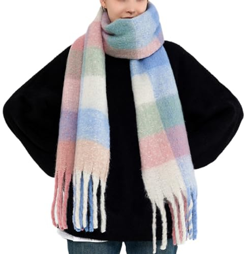 OUNIYA Grande écharpe à carreaux colorés surdimensionnés en laine de cachemire douce épaisse couverture chaude d'hiver pour femme, Bleu clair et rose, Large
