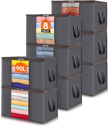 Lifewit 8 Stück 90L Aufbewahrungstasche, Aufbewahrungsbox mit Deckel, Groß Kleideraufbewahrung Umzugskartons, Faltbare Aufbewahrung Boxen für Bettdecken Kleidung Unterbett Kleiderschrank, Grau