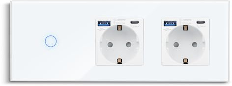 CNBINGO 1-Fach Lichtschalter mit USB Schnellladen Doppelsteckdose, Weiß | Glas Touch Wandschalter und Schuko Steckdose, 20W USB Schnellladen Wandsteckdose Unterputz, Einfach Schalter mit Status-LED