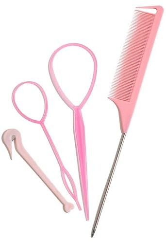 Zalati Hair Topsy Kit d'outils de tressage 4 pièces (1 peigne queue de rat, 2 boucles pour outils de tresse française, 1 coupe-élastiques à cheveux) pour coiffure