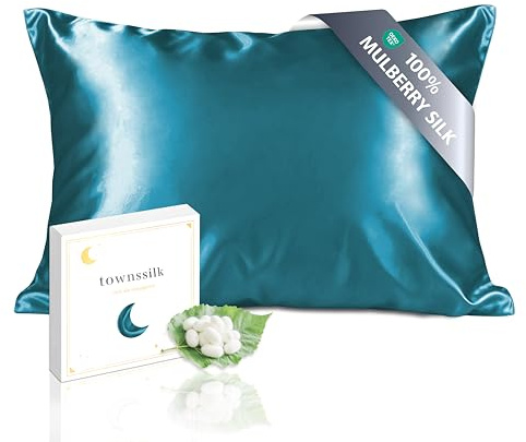 townssilk Beidseitig 100% 19momme Pure Maulbeerseide Kissenbezug für Haar und Haut Gesundheit, 1 Stück 40x80cm Größe Kissenbezug Seide,verstecktem Reißverschluss 600 Fadenzahl peacockblue