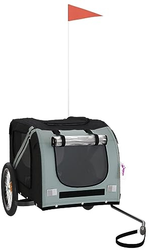 vidaXL Remorque de Vélo pour Animaux de Compagnie, Chariot à Vélo pour Chien avec Drapeau, Poussette de Chien, Noir et Gris Tissu Oxford et Fer