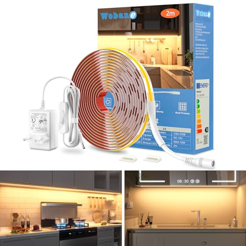 WOBANE 2m LED Streifen Warmweiss,640 LEDs,Super Hell COB LED Strip mit Netzteil,12v Unterbauleuchte,Flexibles LED Band für Küche,Schlafzimmer,Schreibtisch,Werkbank,TV,Regal,DIY,CRI 90+,900lm