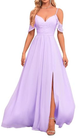 Vestidos largos de dama de honor con hombros descubiertos, vestido de noche formal de gasa para graduación, boda, fiesta para mujer, Lila, 36