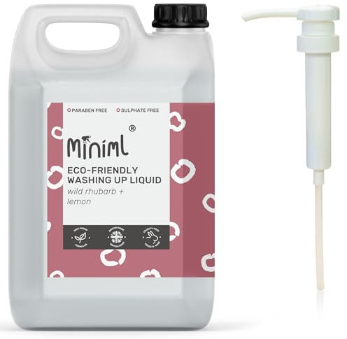 Miniml Eco Washing Up Liquid - 5L Refill and 5L Pump - Wild Rhubarb & Lemon Scented - Non Bio & Skin Sensitive Friendly - Plant Based Vegan & Cruelty Free - Natural Cleaning Products (500 Washes)