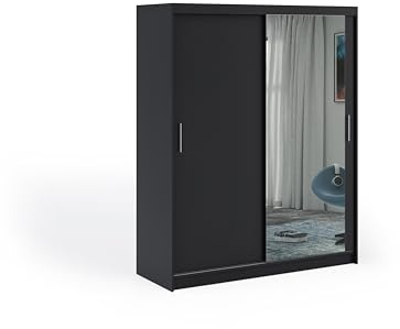 ELUKS OVI Double Sliding Doors Wardrobe with Mirror Furniture for Bedroom Living Room and Hall Wardrobe Organizer Width 100cm/120cm/150cm/180cm/200cm (Black, 120cm)