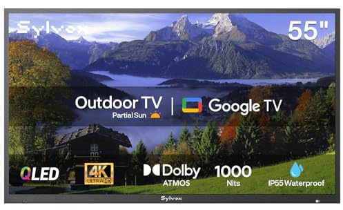 SYLVOX 55 Pouces TV Extérieur Étanche IP55, Smart Google Television 4K UHD QLED 1000 Nits, DVB-T2/S2/C, WiFi, Google Assistant, Outdoor Téléviseur pour Pool, Jardins, Terrasse (Deck Pro 2.0 QLED)