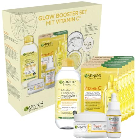 Garnier Vitamin C Pflegeset für das Gesicht, Geschenkset mit Mizellen Reinigungswasser, Tuchmasken, Anti-Dark Spot Serum & Feuchtigkeitspflege, Für einen strahlenden Teint, SkinActive, 4-teilig