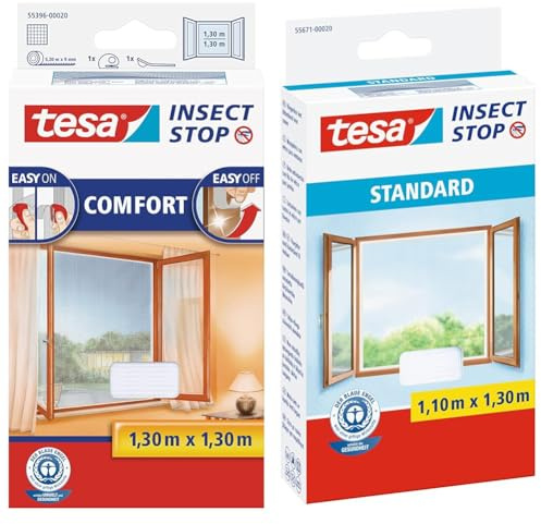 tesa Insect Stop Comfort Fliegengitter für Fenster & Insect Stop Standard Fliegengitter für Fenster - Insektenschutz zuschneidbar - Mückenschutz ohne Bohren - 1 x Fliegen Netz weiß - 110 cm x 130 cm