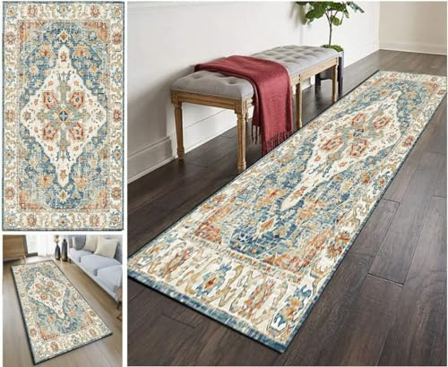 SESOUK Läufer rutschfest Teppichläufer für Flur 110×100cm, Moderne Geometrie Braun Weiß Quadraten rutschfeste Eingangsteppiche Waschbarer Küchenteppiche, Polyester Matten Esszimmerteppiche