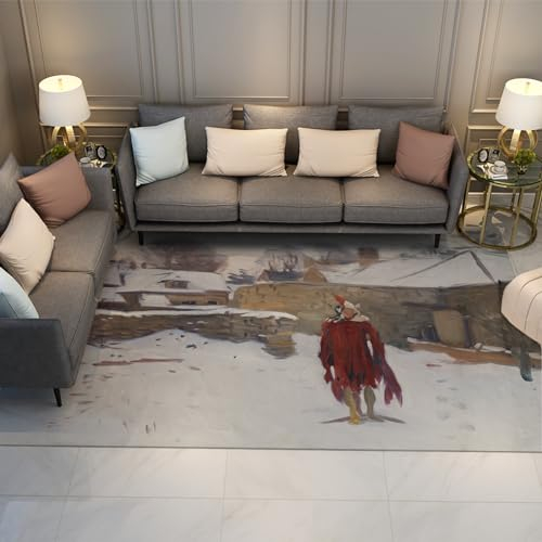 LANDERSION Vintage Area Teppich Abstrakter großer Teppich Rustikale Landszene Teppich für Wohnzimmer Winter Art Teppich Rutschfester maschinenwaschbarer Flächenteppich 150x200cm