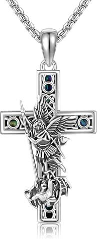 POPLYKE Michael Pendant for Men 925 Sterling Silver Cross Necklace for Women Abalone Archangel Michael Jewellery Gifts 22+2 Inch